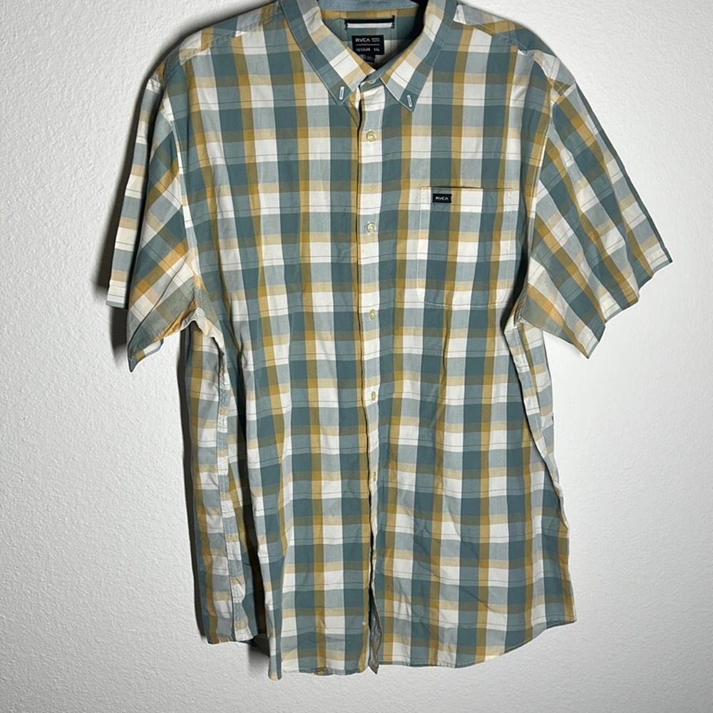 RVCA Short Sleeve Button-Down Plaid Shirt in Blue, White & Mustard